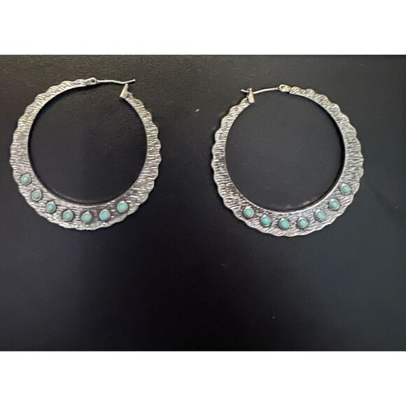 Silver and Blue Textured Hoop Earrings - Picture 3 of 3